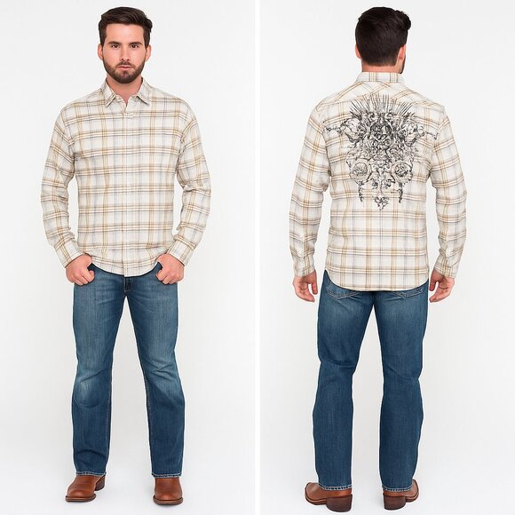 Vintage Red Brand Men's Neutral Button-Down Plaid Shirt with Graphic on Back - Picture 1 of 12